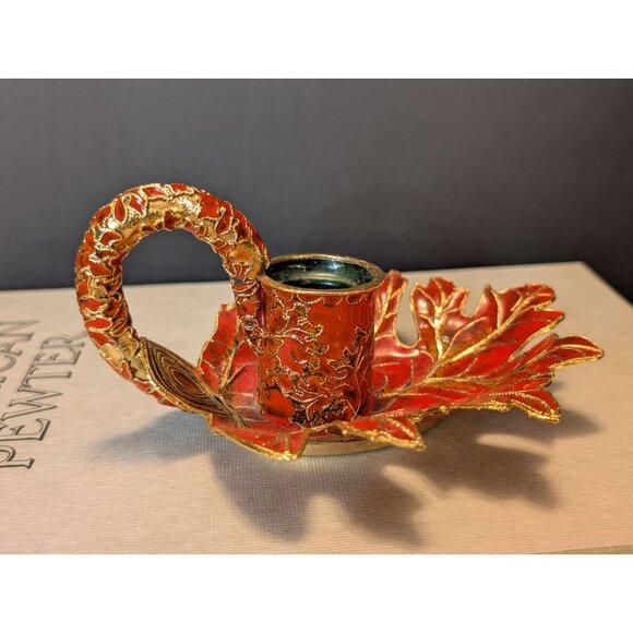 Vintage Leaf-Shape Red & Gold Cloisonne Candle Holder 5.5" Ornate Handcrafted - Picture 3 of 8